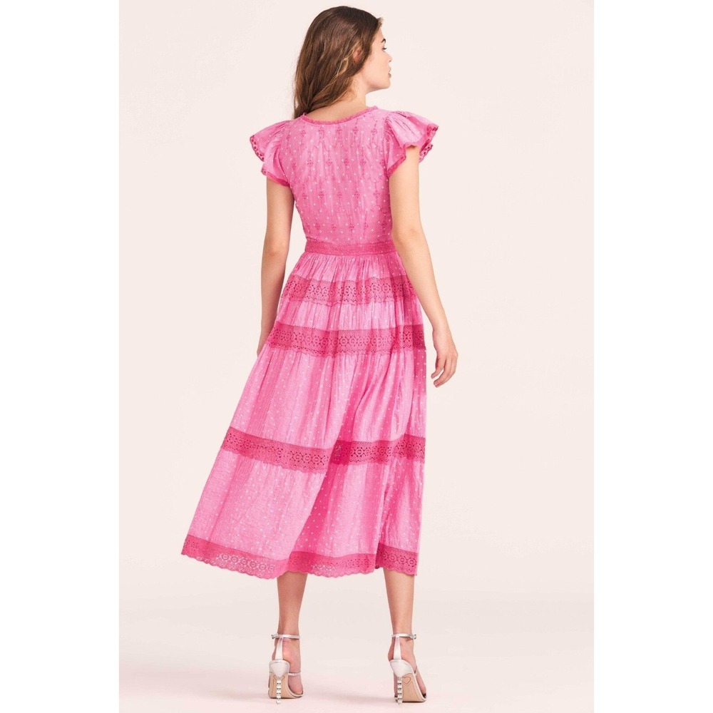NWT LoveShackFancy Abena Cotton V-Neck‎ Midi Dress in Hot Pink Size 2 $495 - Picture 5 of 7